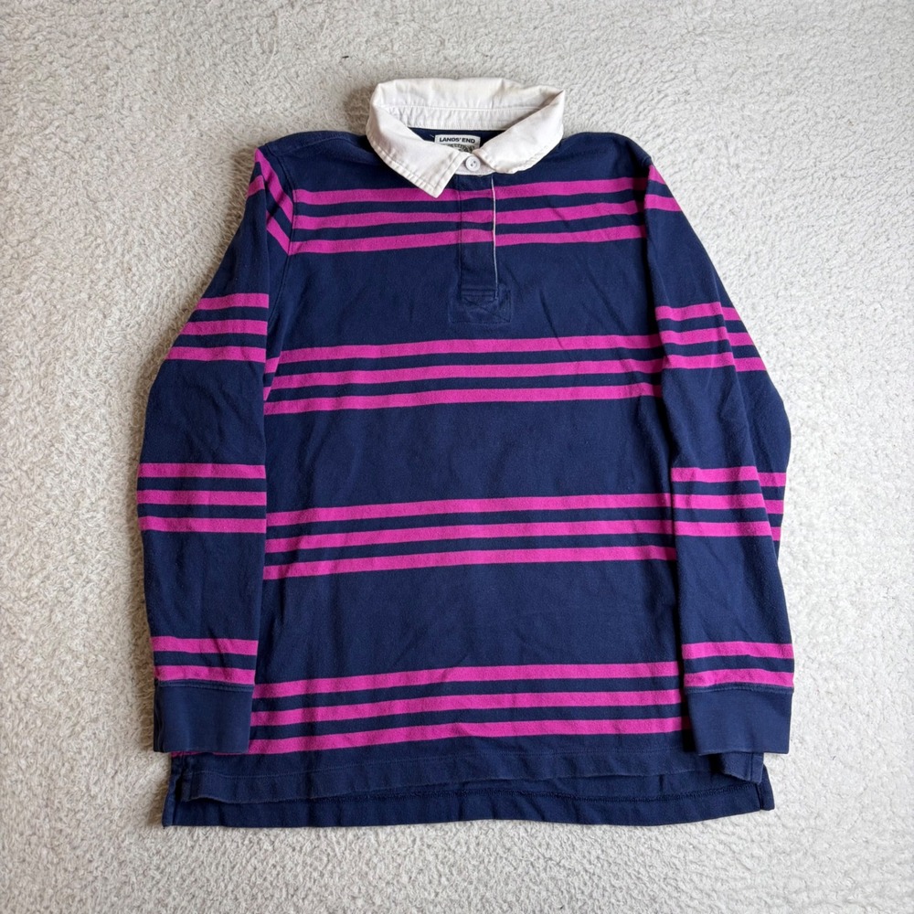 Lands End Girls Medium 10-12 Rugby Shirt Navy Blue Pink Striped Long Sleeve
